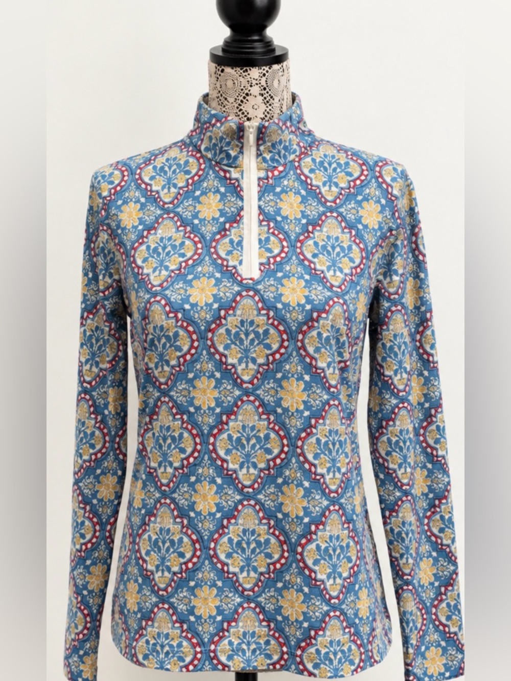 J. McLaughlin Blue Floral-Print Quarter-Zip Long Sleeve Top